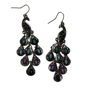 Elegant Silver Chandelier Earrings with Teal and Lavender Accents